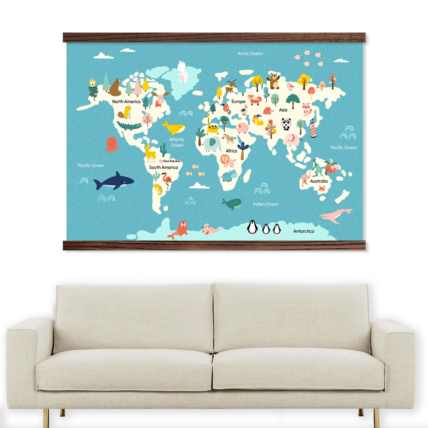 Kids Room Large Canvas Art - Cute Animal World Map - Wood Framed Extra Large Decor