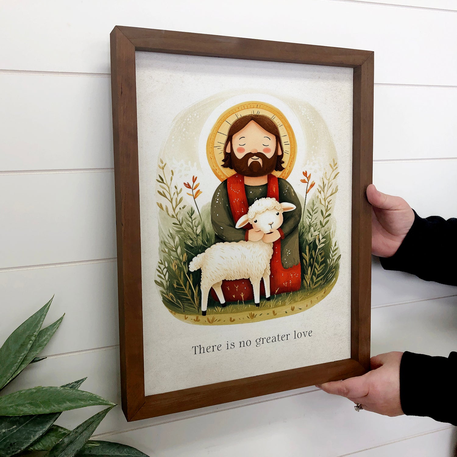 Cute Folksy Jesus Christ and Lamb - Jesus Canvas Art - Frame