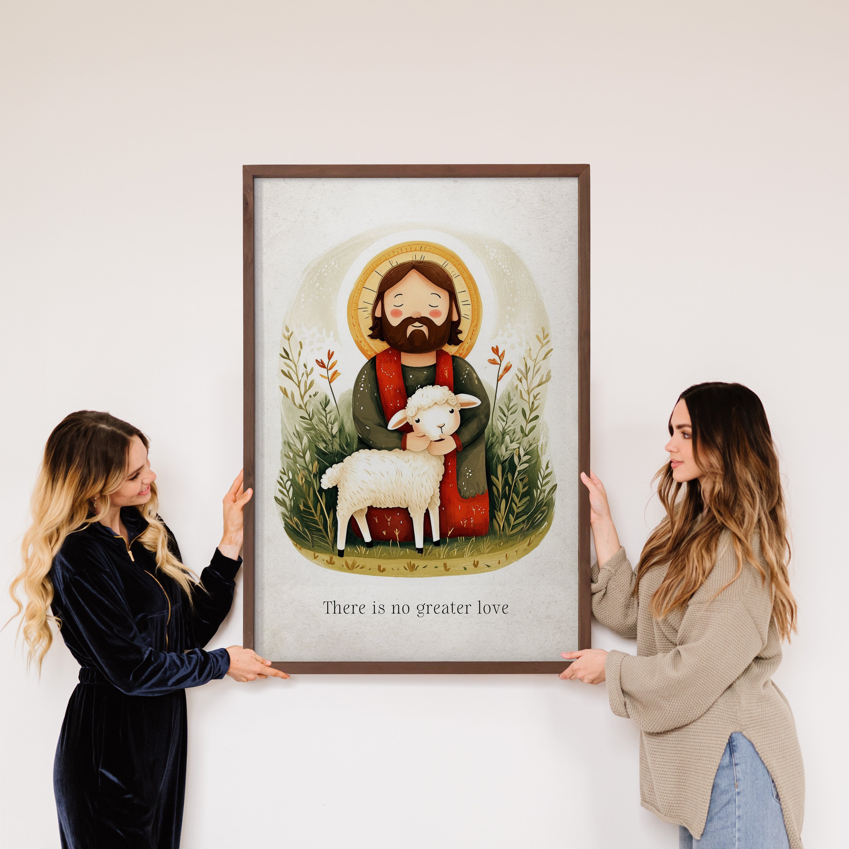 Cute Folksy Jesus Christ and Lamb - Jesus Canvas Art - Frame