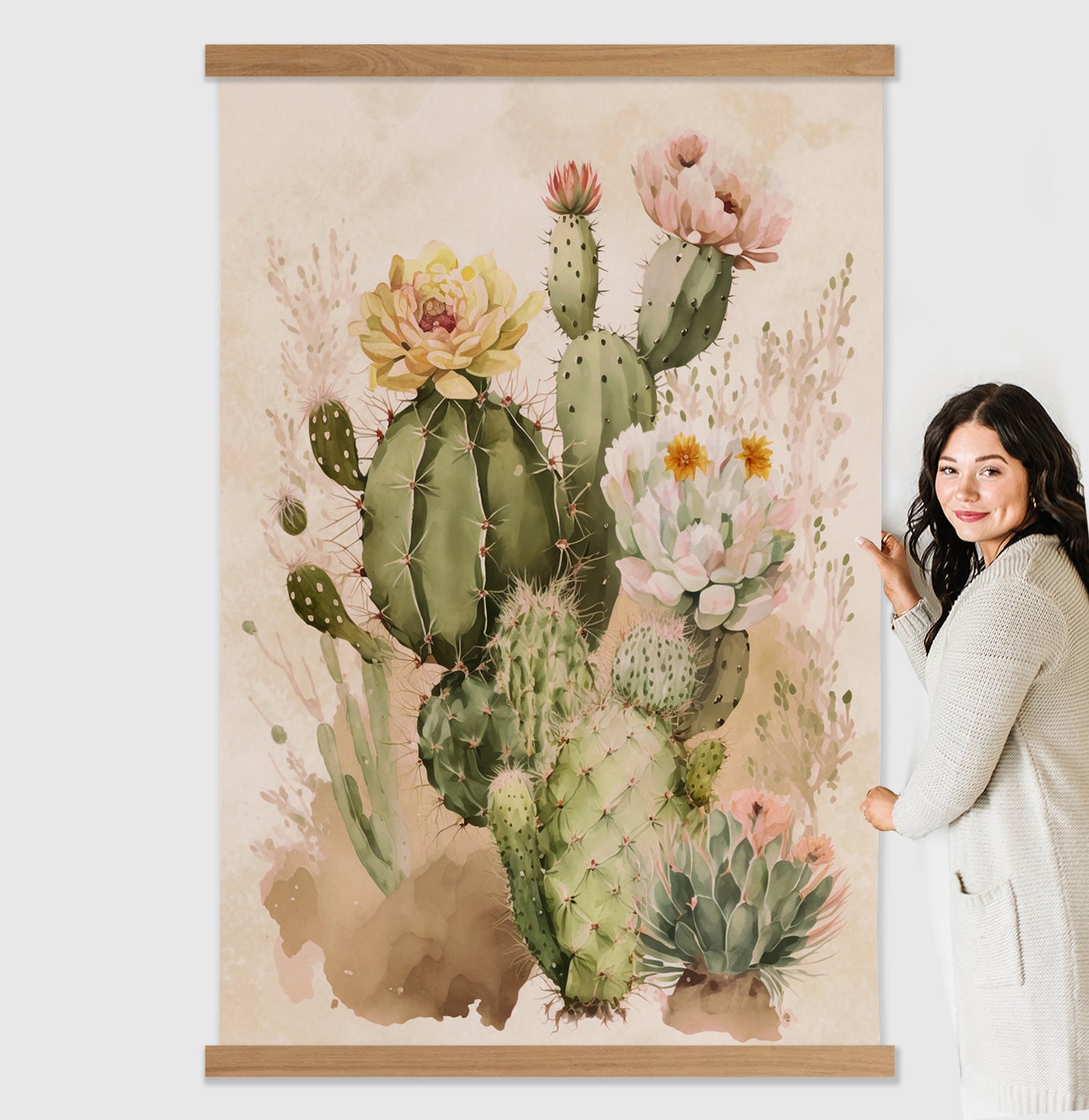 Cactus Watercolor Arrangement Large Canvas Desert Wall Hanging