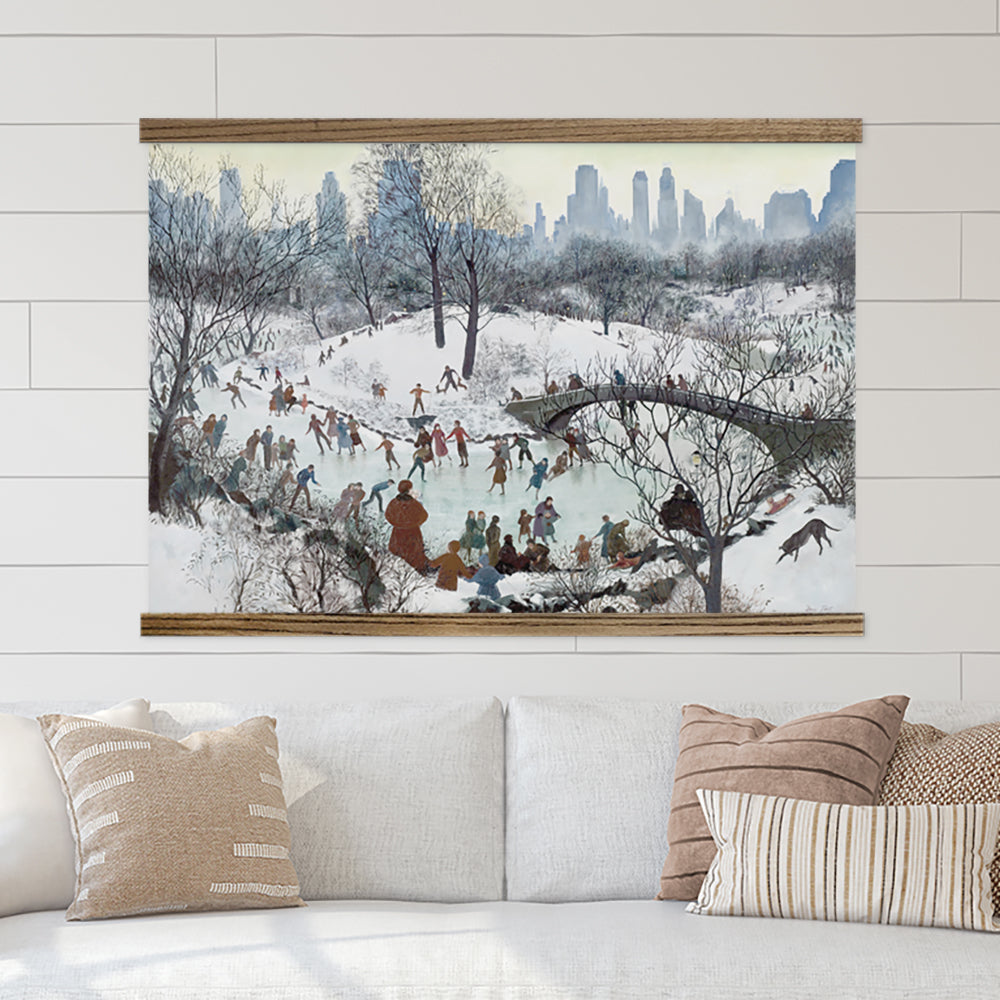 Oversized Central Park Ice Skating- Watercolor Canvas Wall Hanging