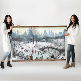 Oversized Central Park Ice Skating- Watercolor Canvas Wall Hanging