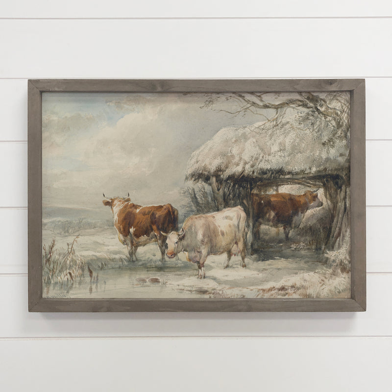 Cows in Winter - Cow Canvas Art - Wood Framed Farmhouse Art