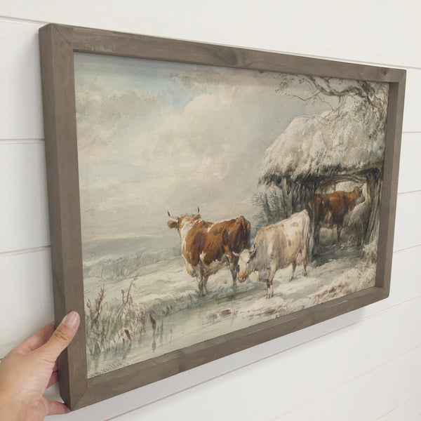 Cows in Winter - Cow Canvas Art - Wood Framed Farmhouse Art