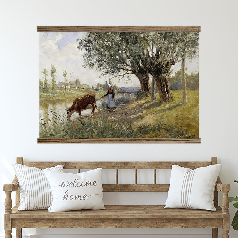 Cow with Milkmaid Vintage Painting - Large Canvas Wall Hanging