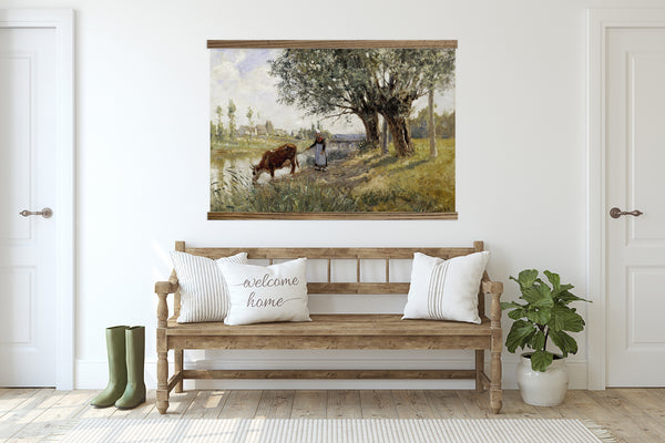 Cow with Milkmaid Vintage Painting - Large Canvas Wall Hanging