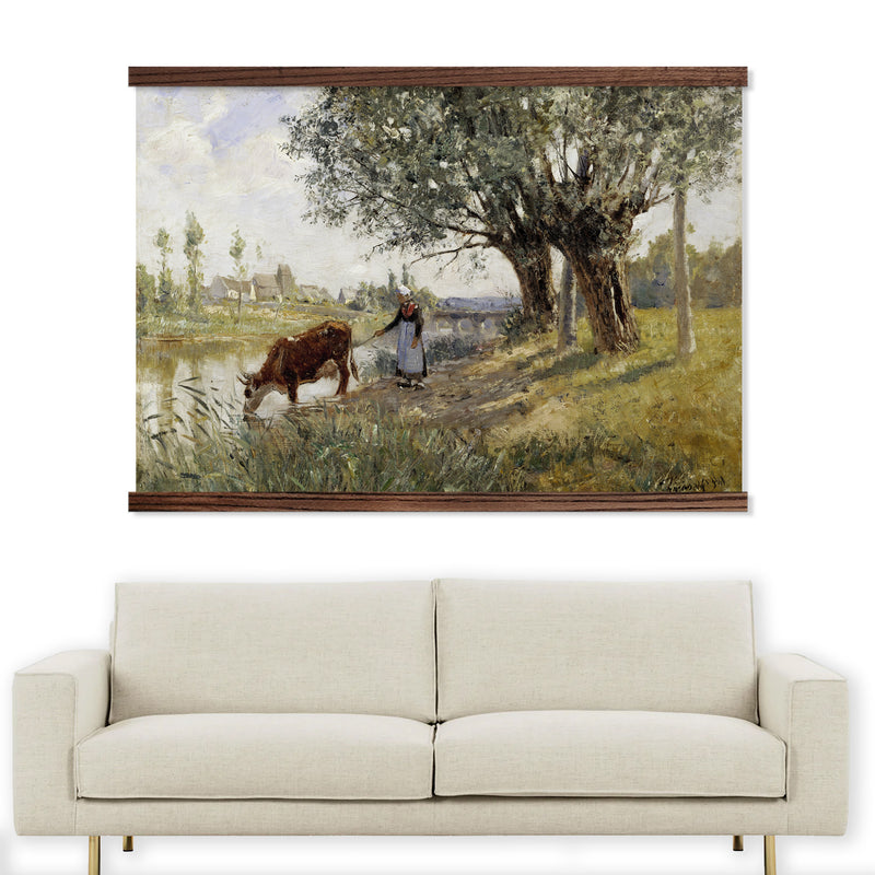 Cow with Milkmaid Vintage Painting - Large Canvas Wall Hanging