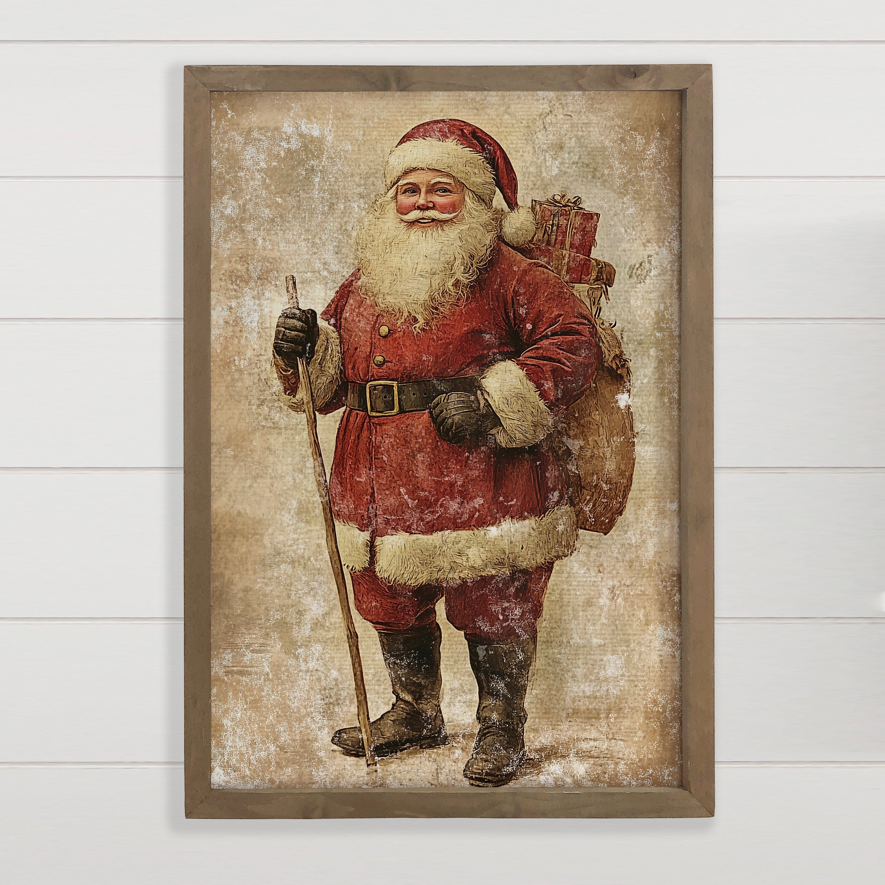 Distressed Vintage Santa Painting - Santa Canvas Art - Frame