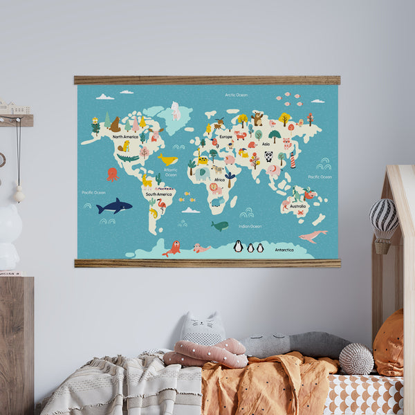 Kids Room Large Canvas Art - Cute Animal World Map - Wood Framed Extra Large Decor
