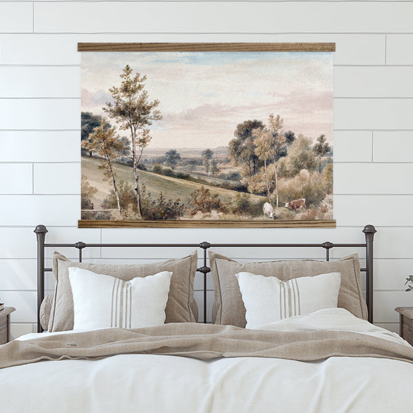 Farmhouse House Decor Large Canvas of Vintage Painting of Pastoral Hills