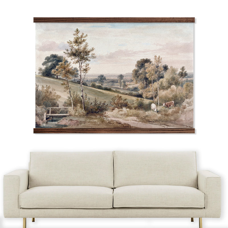 Farmhouse House Decor Large Canvas of Vintage Painting of Pastoral Hills