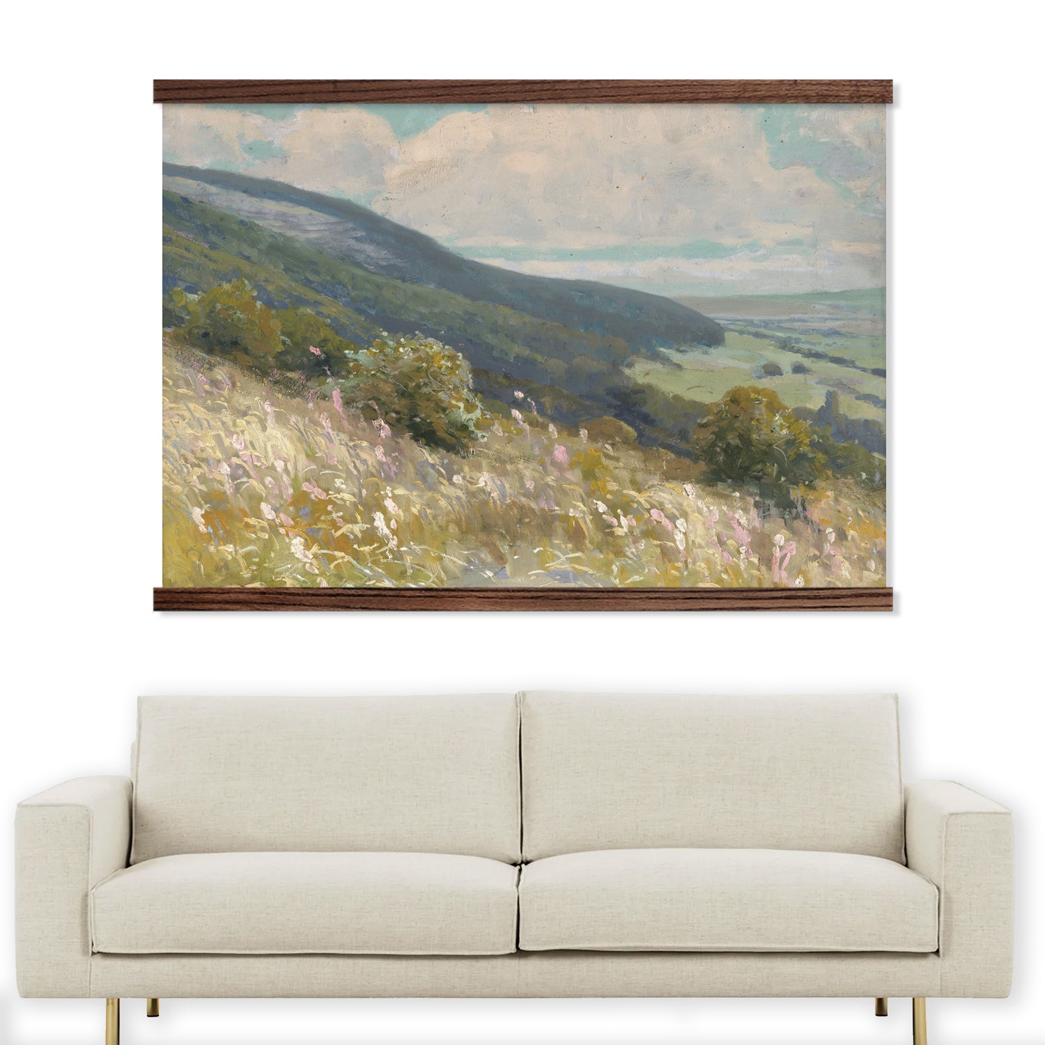 Spring Mountain Slope Vintage Painting on Large Framed Wall Mural