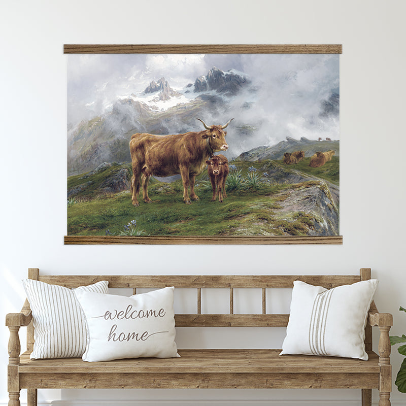 Large Canvas Print- Vintage Mountain Cows- Farmhouse Tapestry