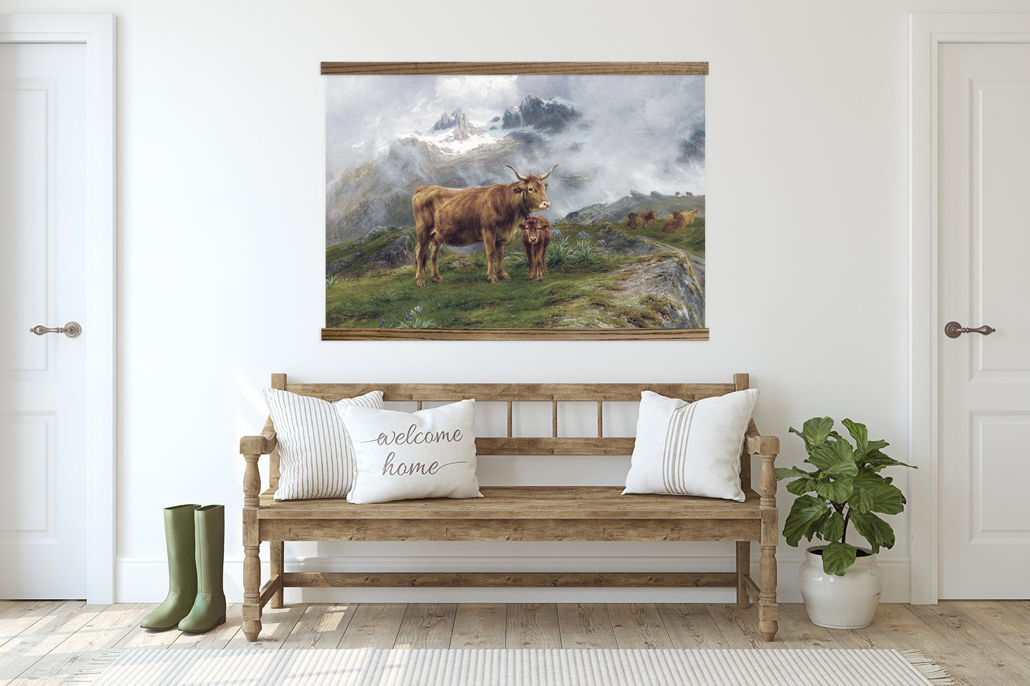 Large Canvas Print- Vintage Mountain Cows- Farmhouse Tapestry