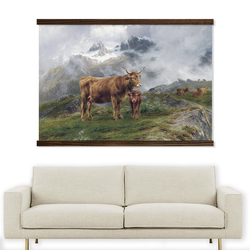 Large Canvas Print- Vintage Mountain Cows- Farmhouse Tapestry