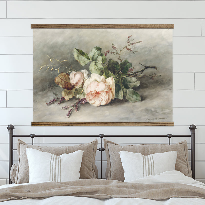 Vintage Roses Large Canvas Tapestry with Wood Frame