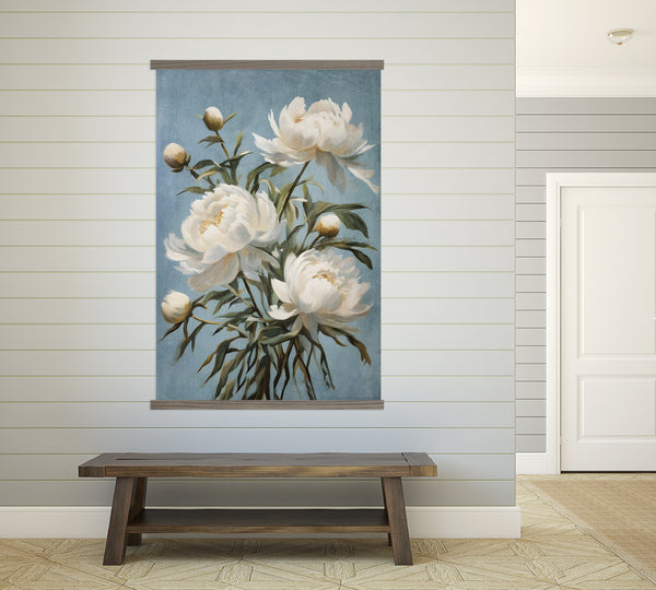Hallway Large Canvas Wall Art - White Peonies Blue Background