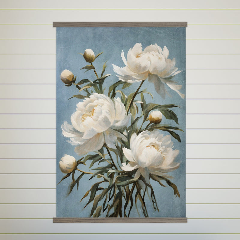 Hallway Large Canvas Wall Art - White Peonies Blue Background