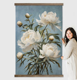 Hallway Large Canvas Wall Art - White Peonies Blue Background