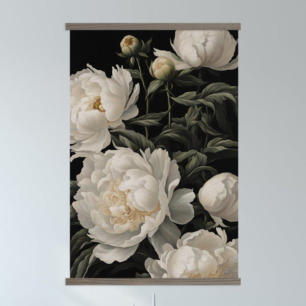 Living Room Large Canvas Wall Art - White Peonies Black Background