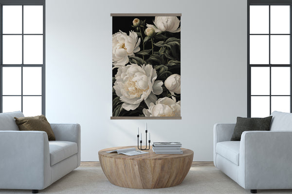 Living Room Large Canvas Wall Art - White Peonies Black Background
