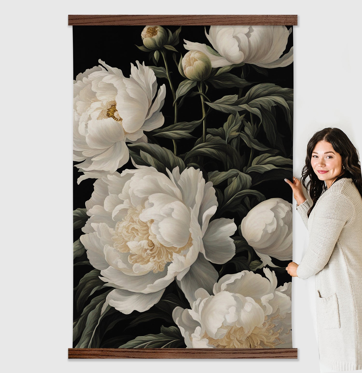 Living Room Large Canvas Wall Art - White Peonies Black Background