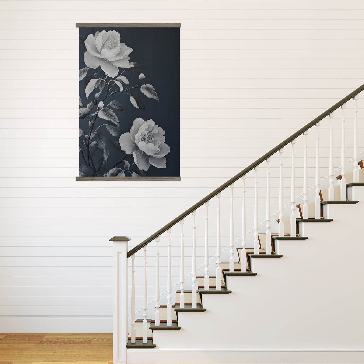 Stairway Large Canvas Wall Art - White Roses Dark Painting