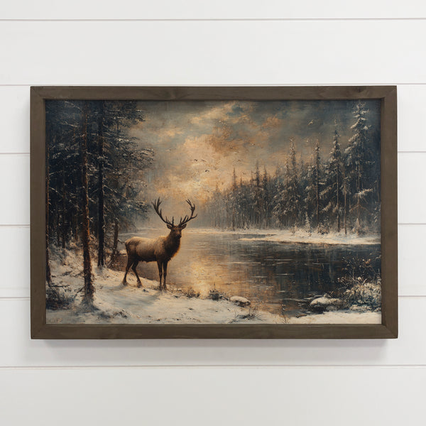 Winter Lone Deer - Winter Canvas Wall Art - Wood Framed Art