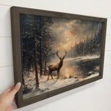 Winter Lone Deer - Winter Canvas Wall Art - Wood Framed Art