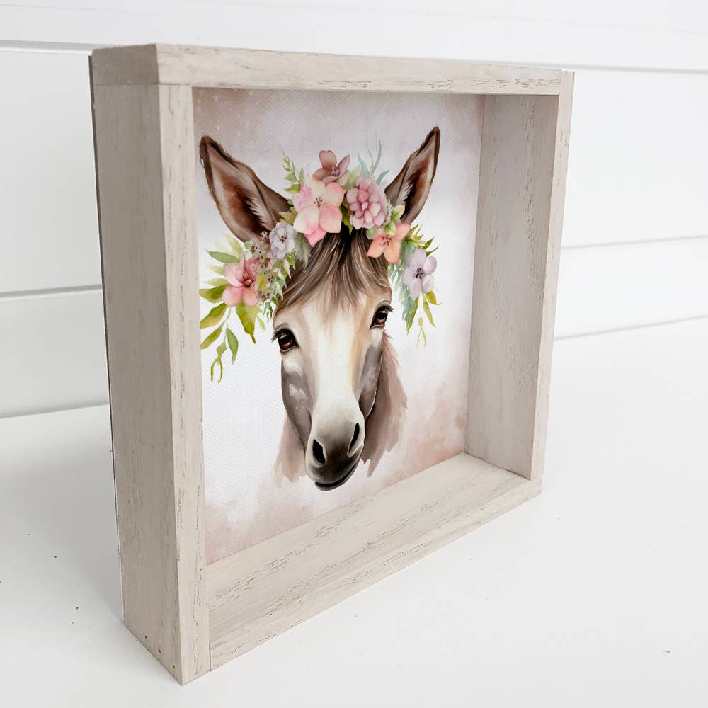 Springtime Flower Donkey - Cute Donkey Canvas Art - Framed