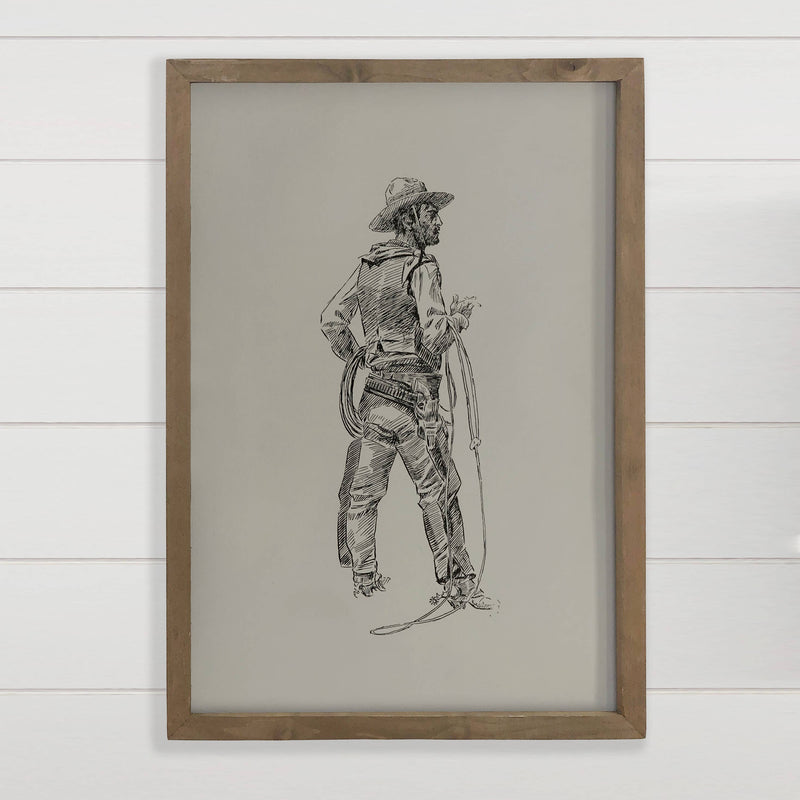 Cowboy Sketch - Cowboy Canvas Art - Wood Framed Decor