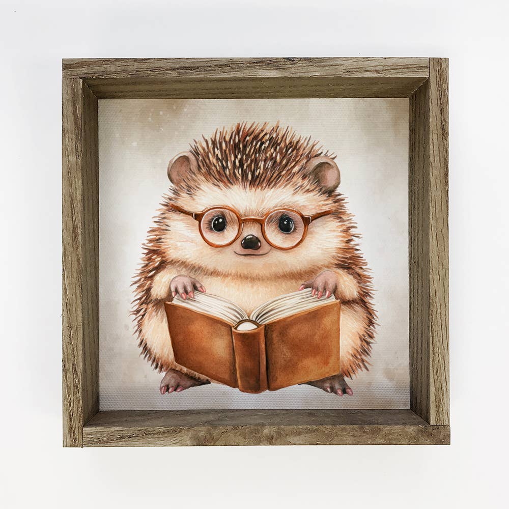 Hedgehog Reading Book - Hedgehog Canvas Art - Wood Framed