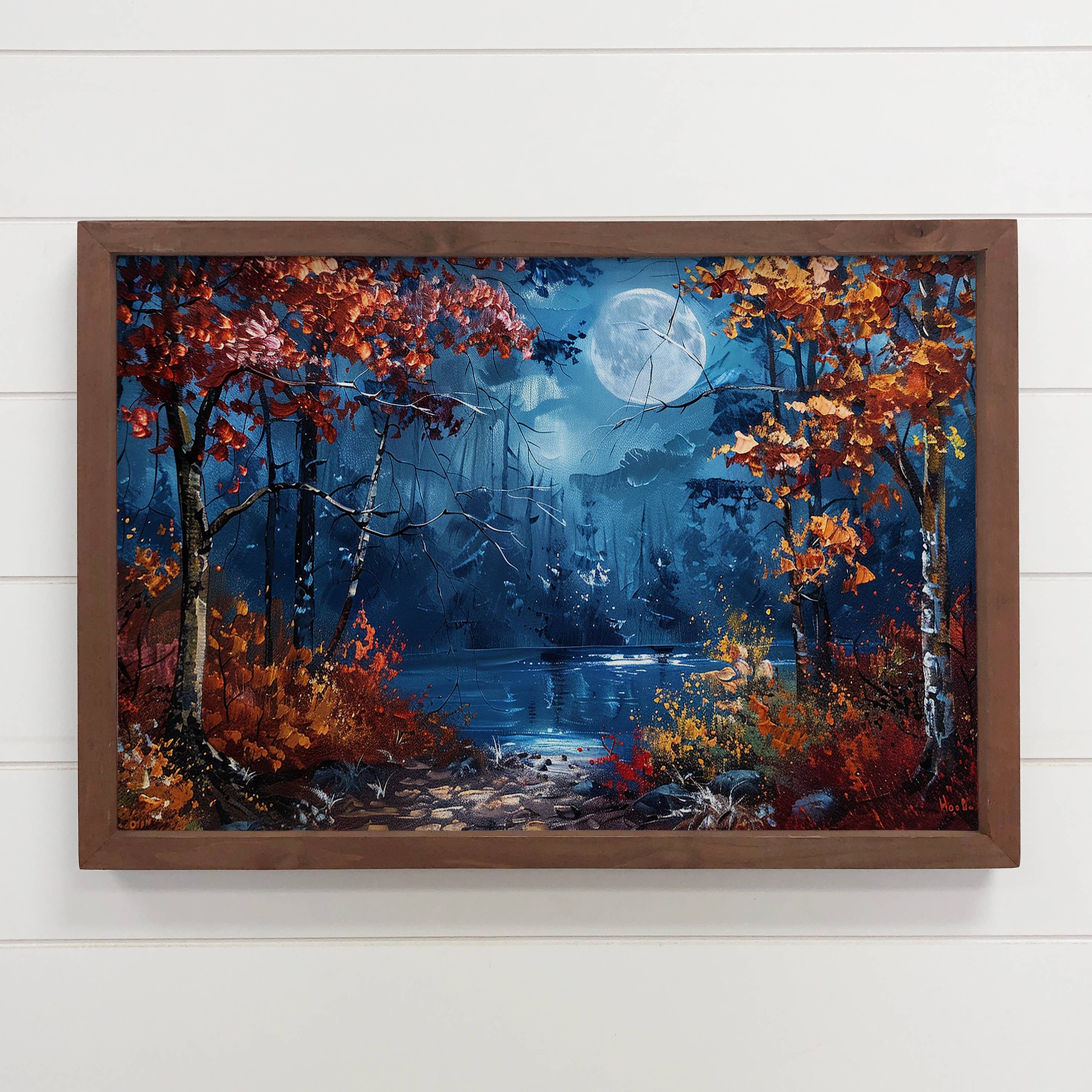 Autumn Lake Trees with Moon - Cabin Wall Art- Wood Framed