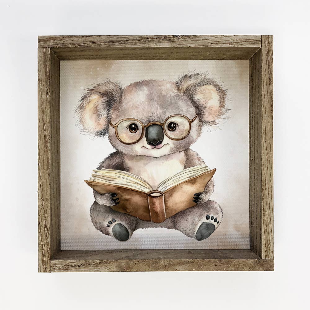 Koala Reading Book - Cute Koala Canvas Art - Wood Framed Art