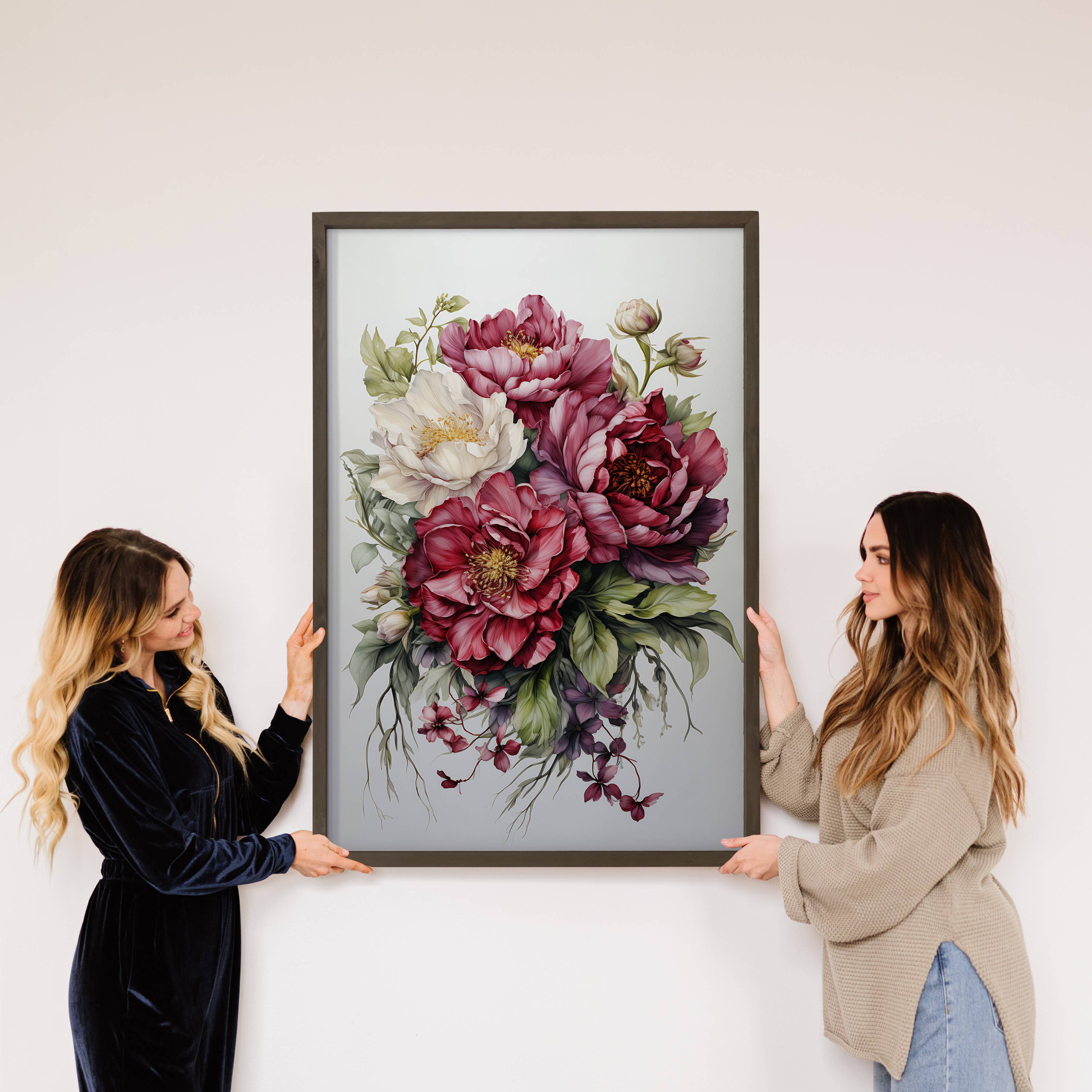 Red Peony Blooms  -Nature Canvas Art - Wood Framed Wall Art