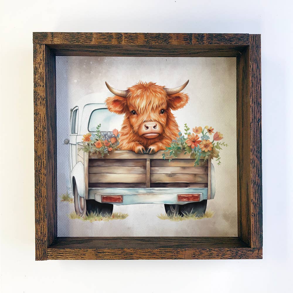 Highland Cow and Flowers in Truck - Cute Farm Animal Art