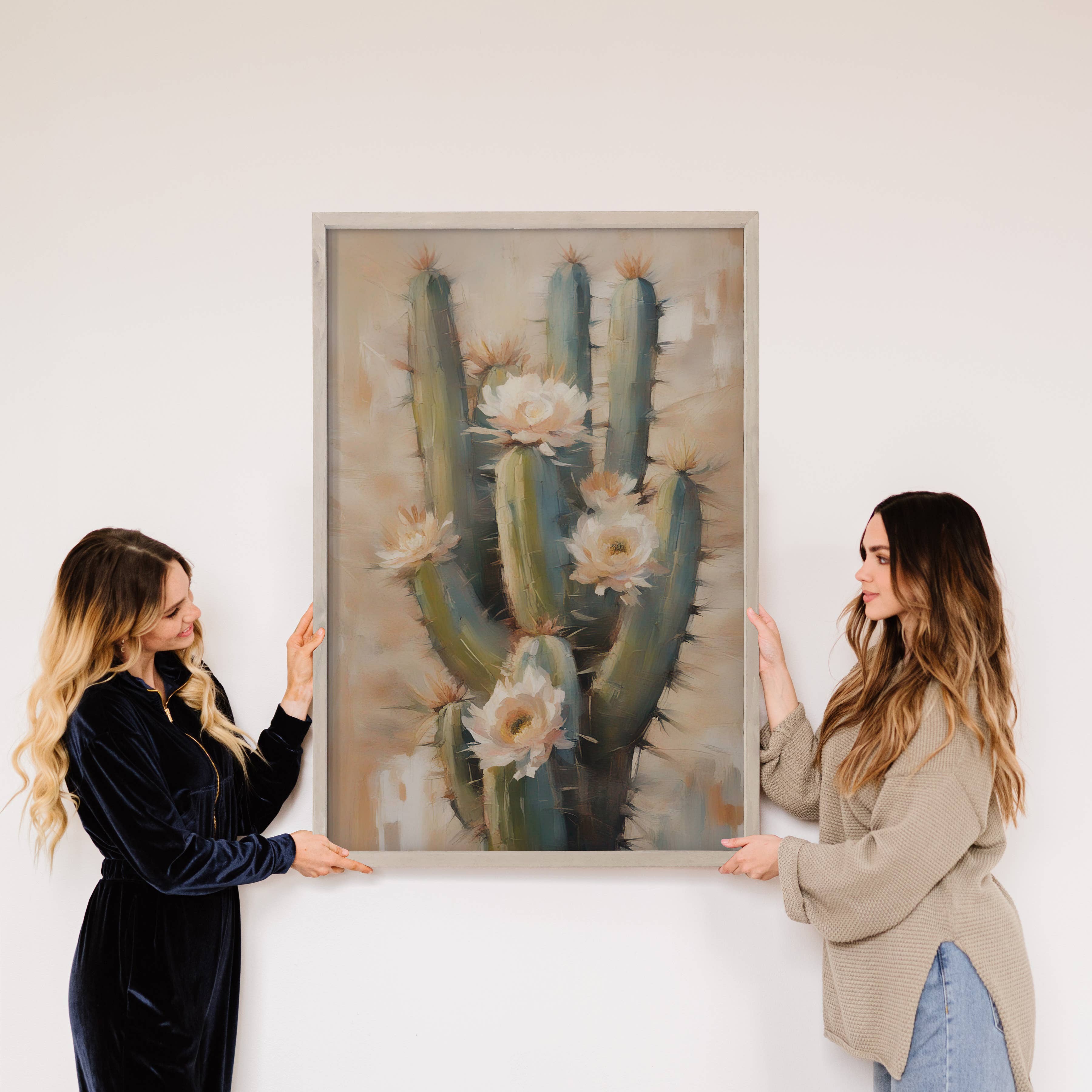 Blooming Saguaro Canvas Art - Wood Framed Abstract Art