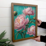 Pink Teal Peonies - Bright Flower Canvas Art - Wood Framed