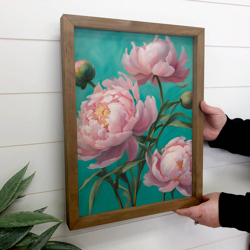 Pink Teal Peonies - Bright Flower Canvas Art - Wood Framed