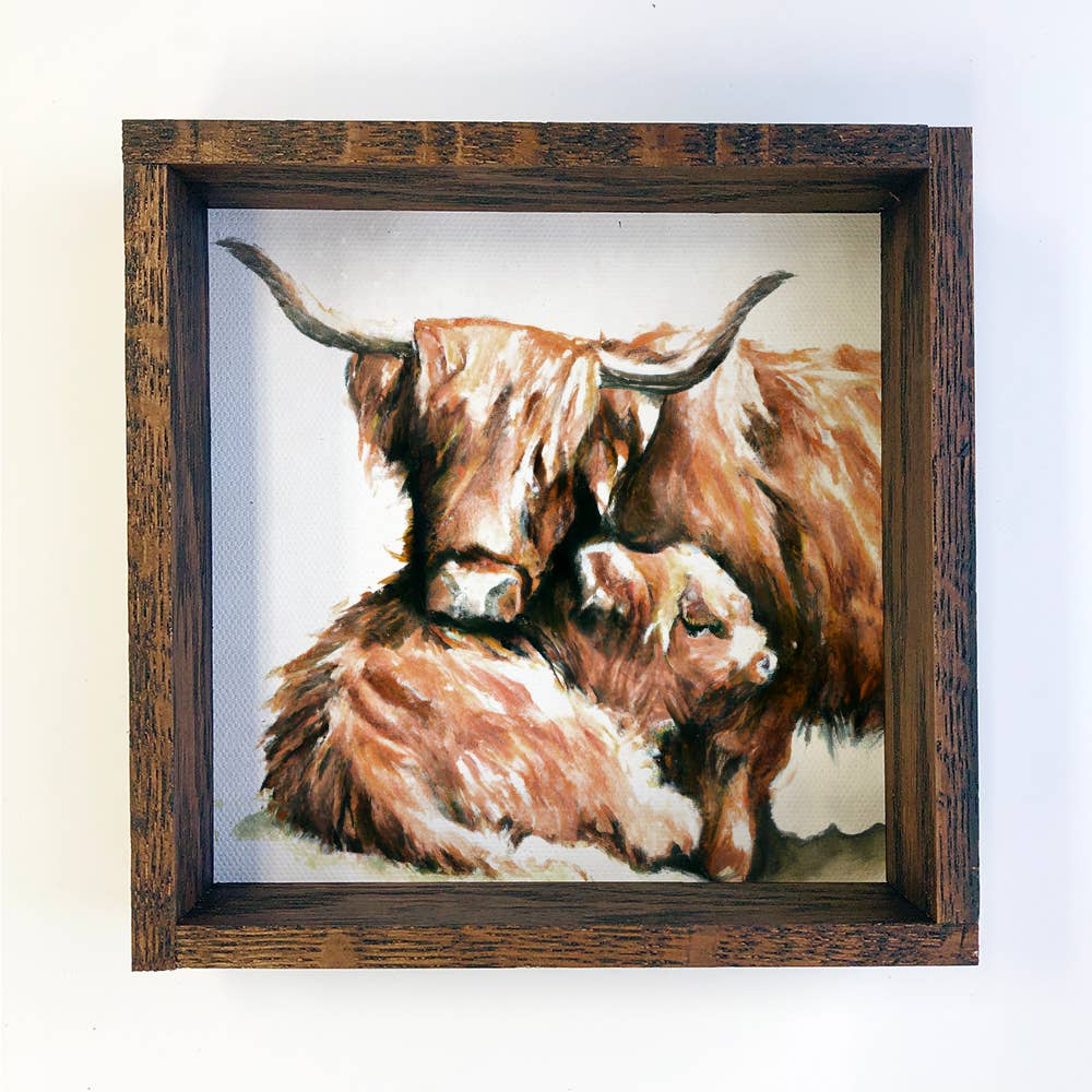 Mama and Baby Highland Cow Cuddling - Wood Sign