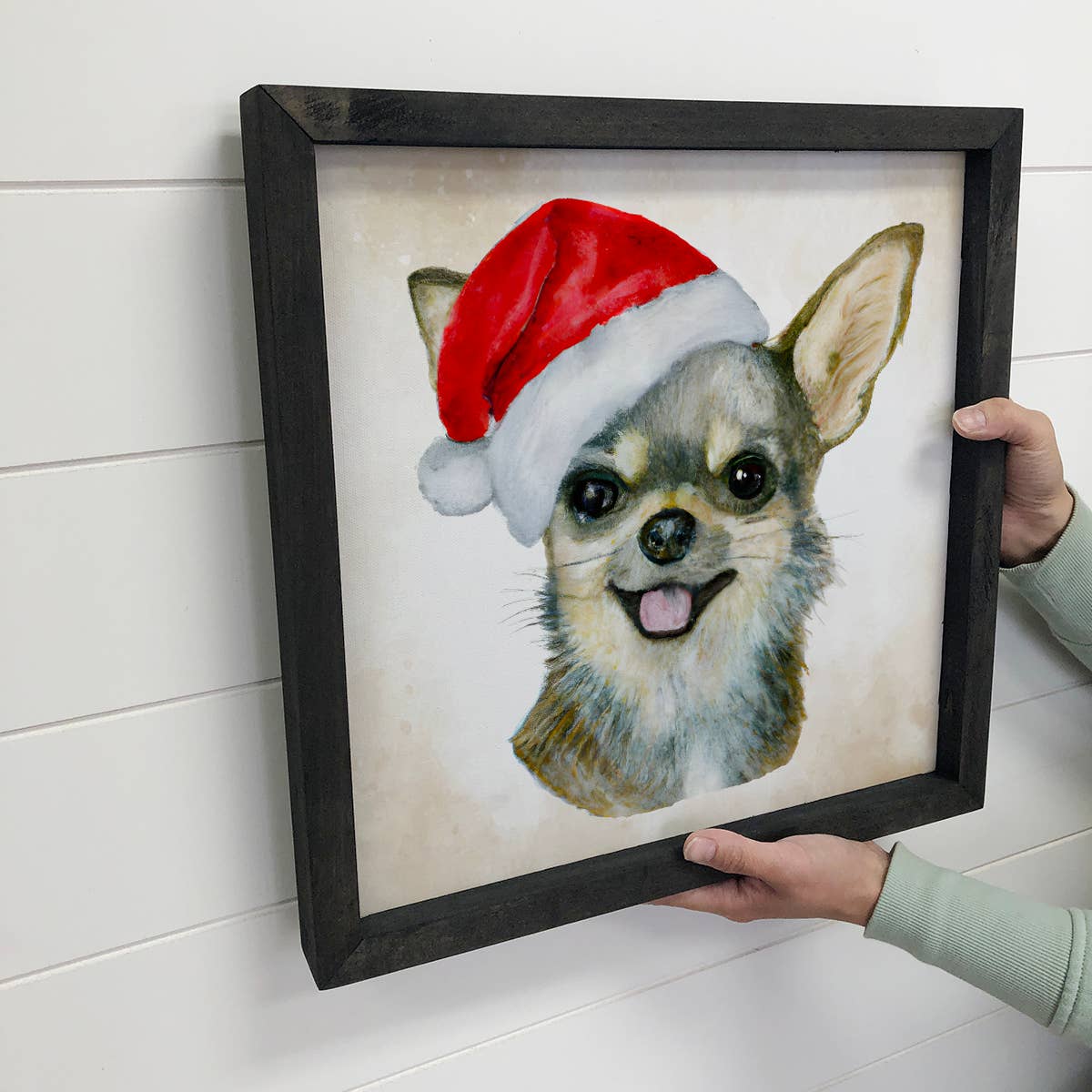 Chihuahua Dog in Santa Hat Christmas Small Canvas Wood Sign