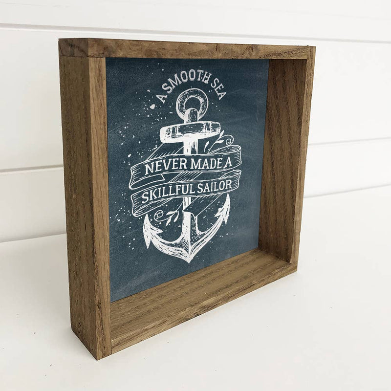 Cute Nautical Anchor Sign - Blue Canvas and Oak Wood Frame