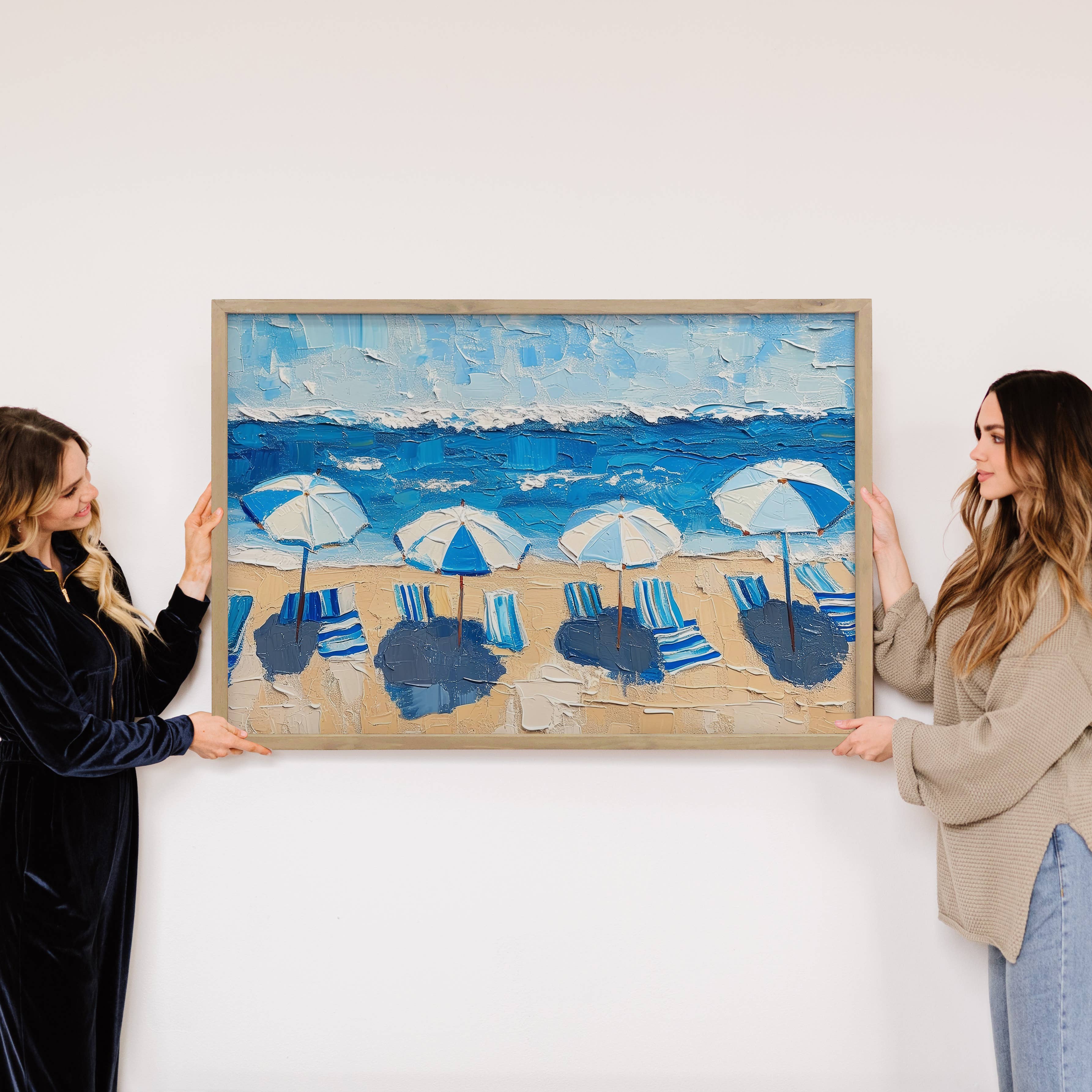 Blue and White Beach Scene - Beach Canvas Art - Wood Framed