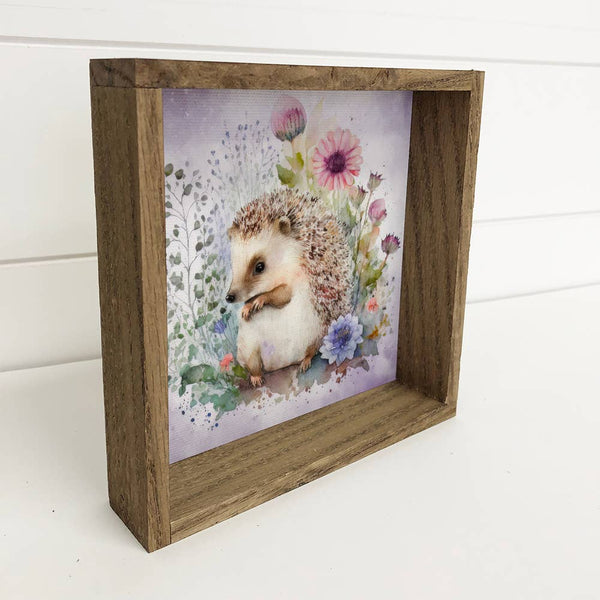 Hedgehog in the Flowers - Framed Purple Woodland Home Decor
