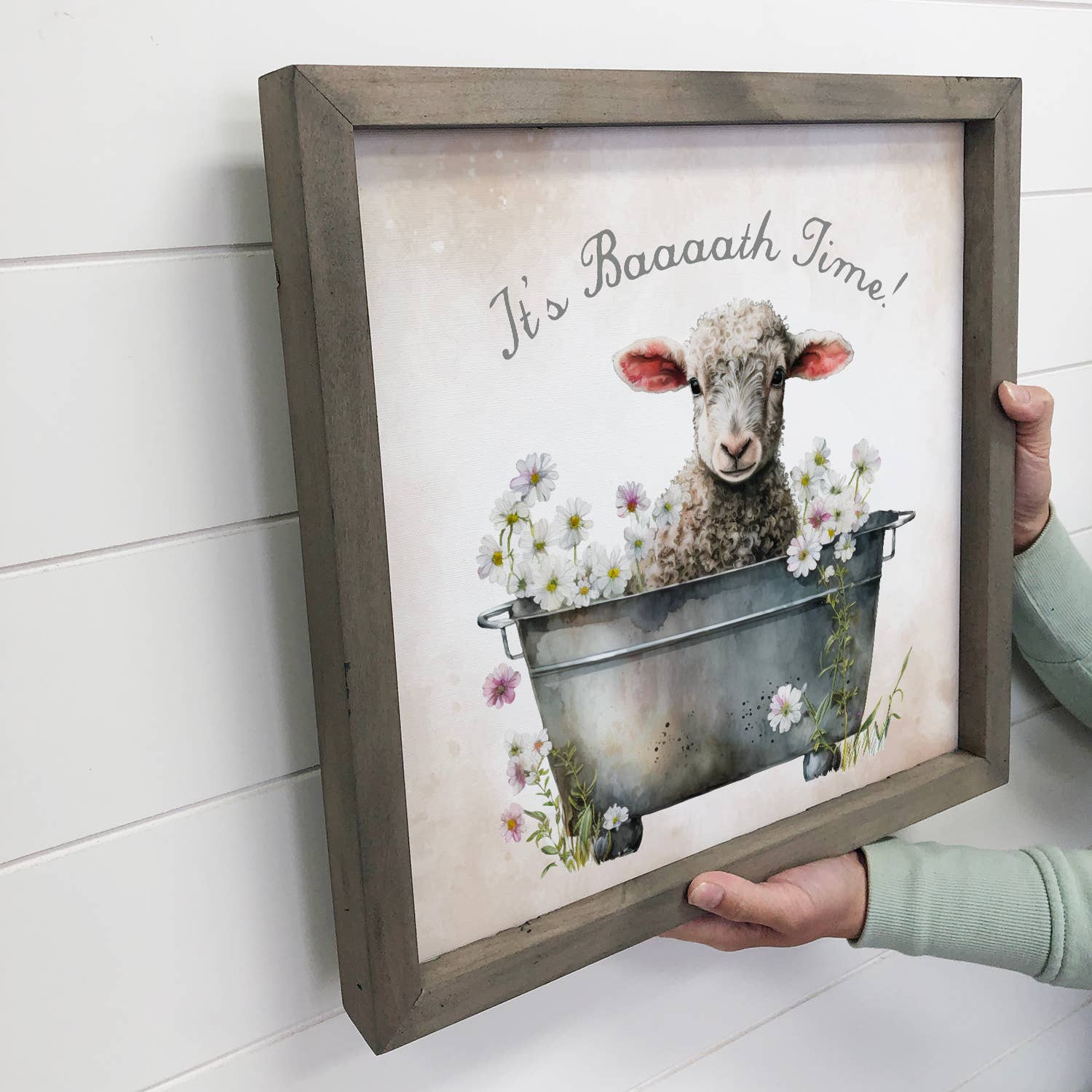 Lamb Bath Time- Cute Bathroom Art- Wooden Frame