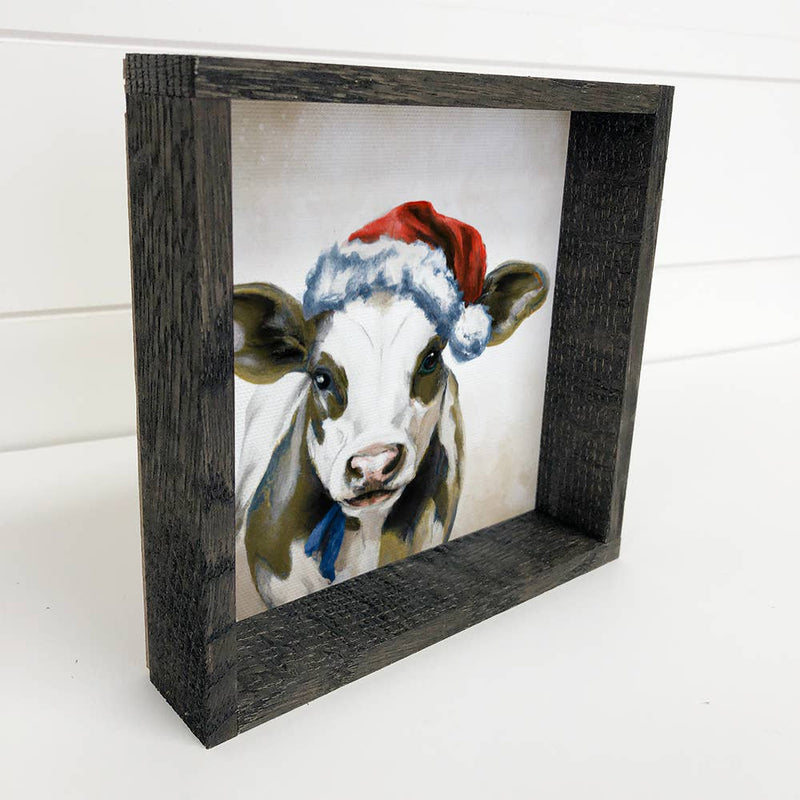 Cow in Santa Hat Black and White Christmas Holiday Canvas