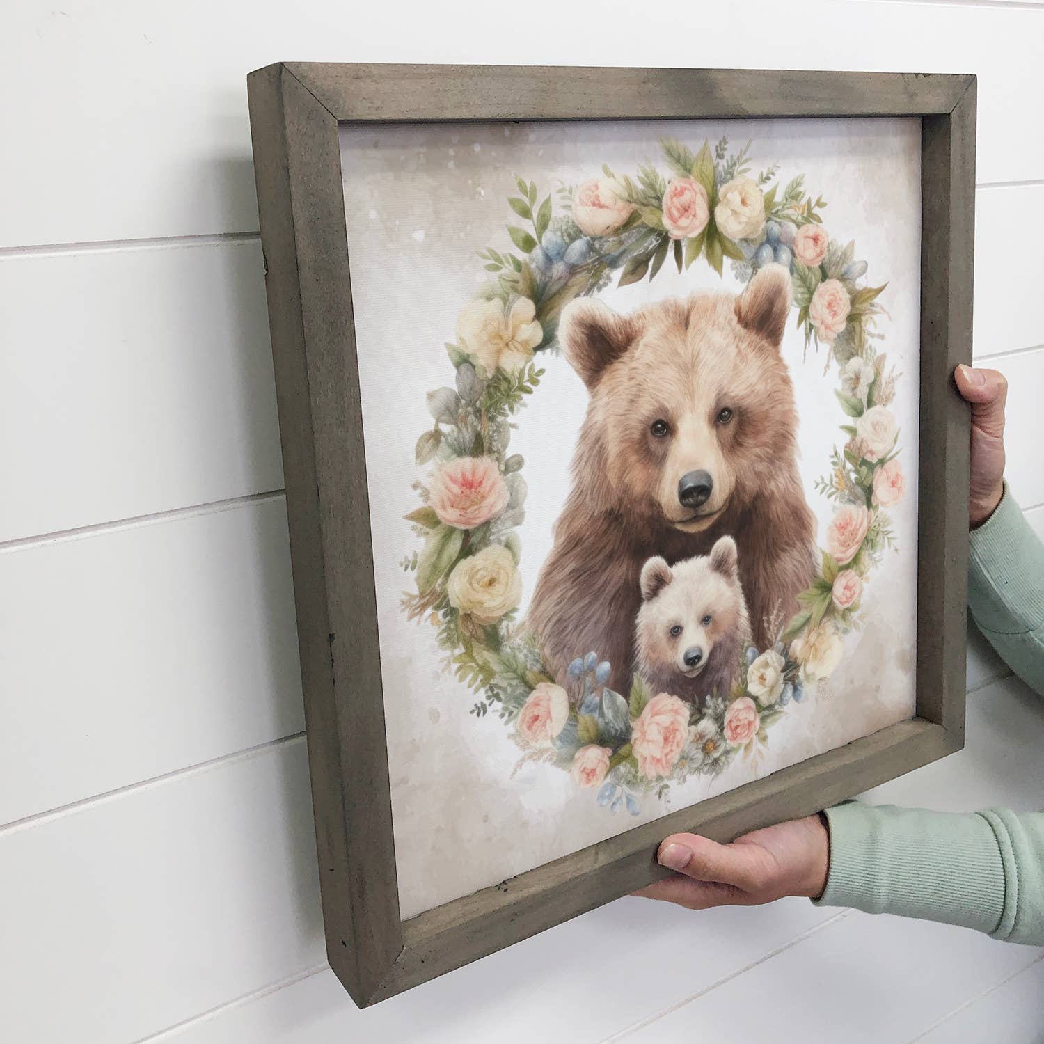 Mother Baby Bear Watercolor - Bear Canvas Art - Wood Framed