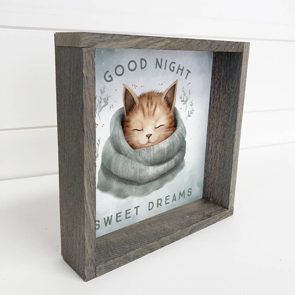 Good Night Cat in Blanket - Cute Animal Nursery Canvas Art