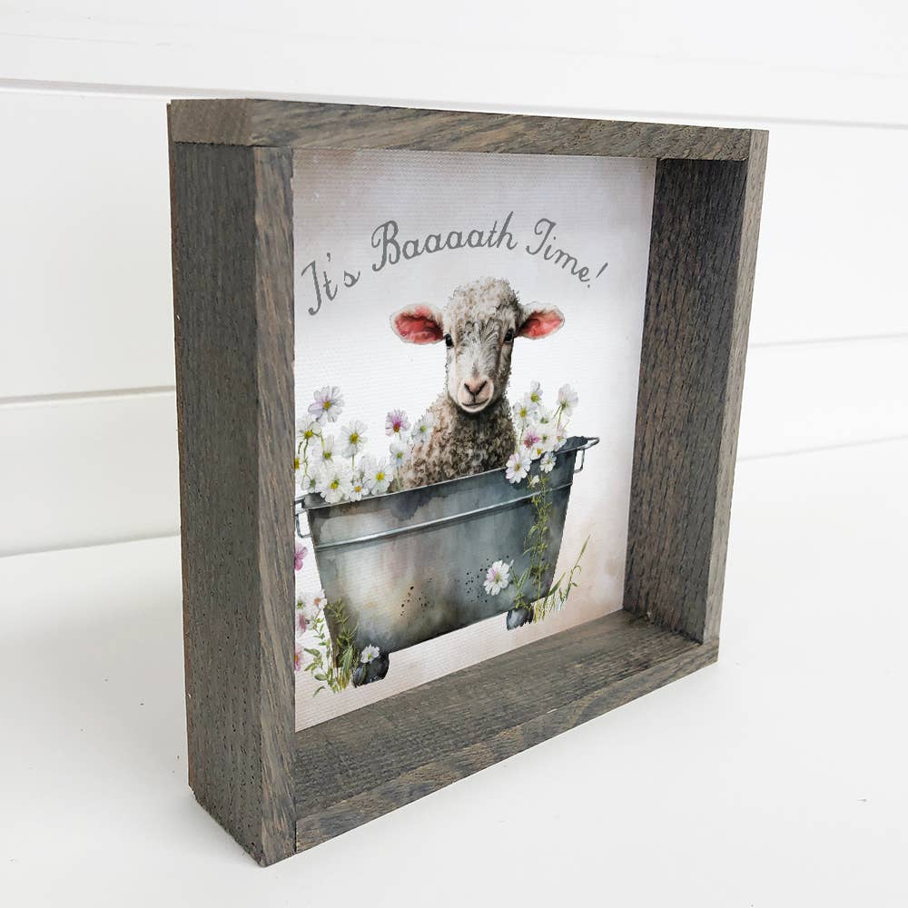 Lamb Bath Time- Cute Bathroom Art- Wooden Frame