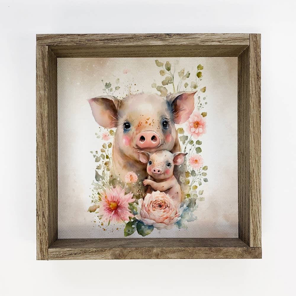 Mama and Baby Pig Watercolor Flowers Canvas & Wood Sign Art